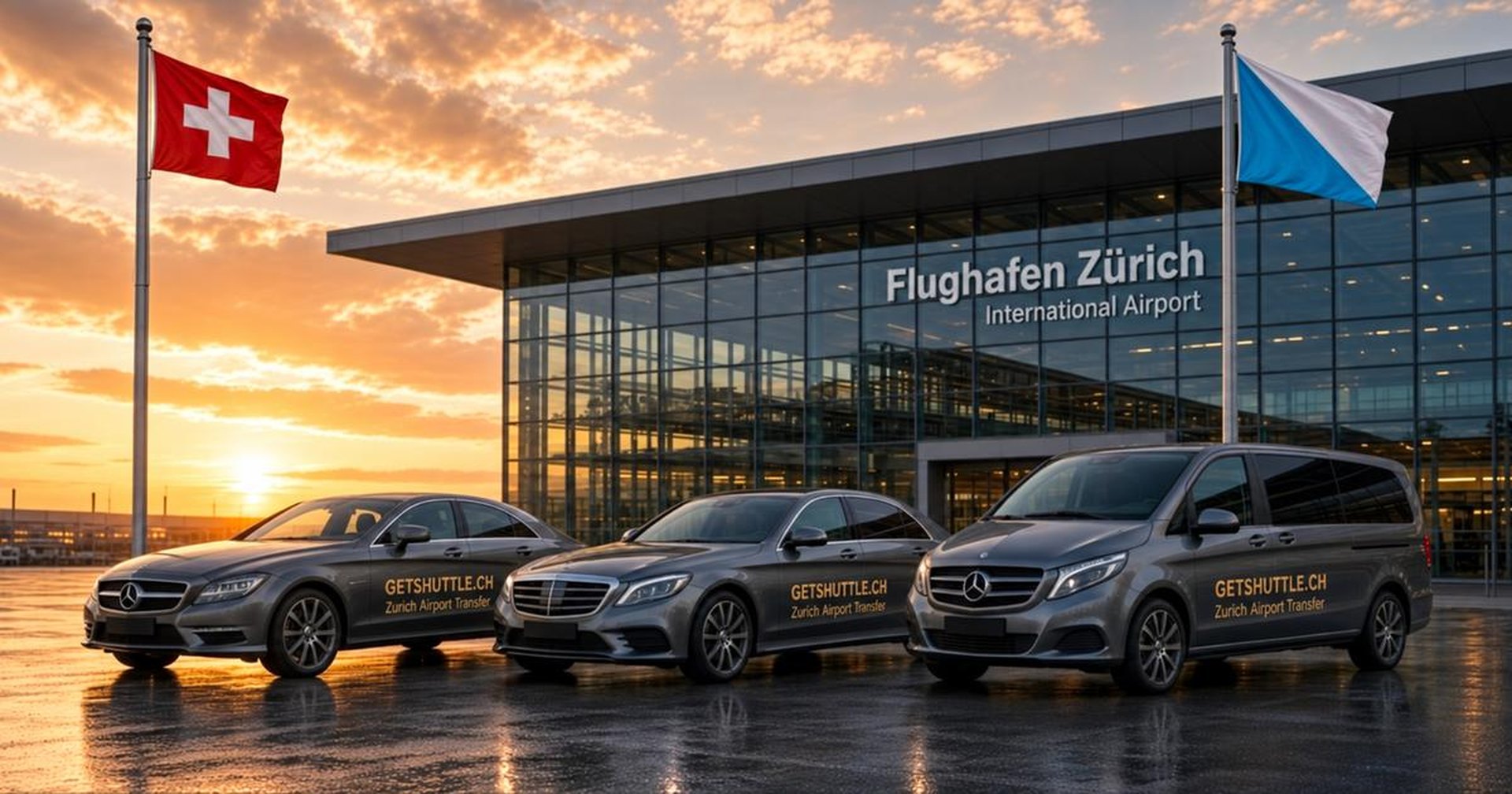 Grey Mercedes chauffeur vehicles waiting at Zurich Airport in golden morning light